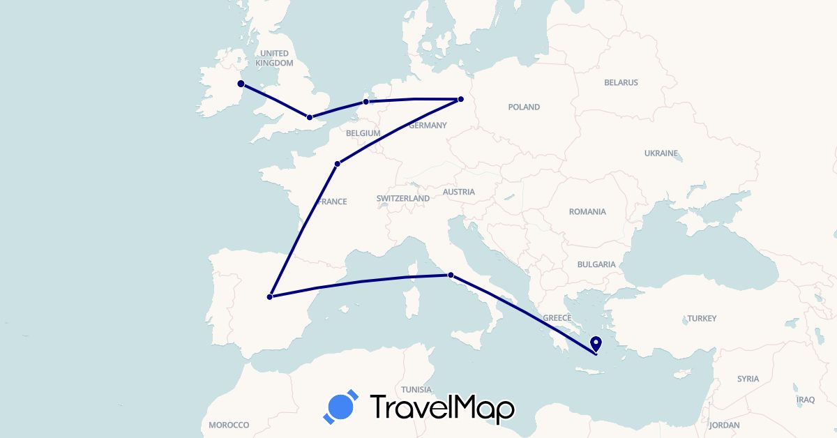 TravelMap itinerary: driving in Germany, Spain, France, United Kingdom, Greece, Ireland, Italy, Netherlands (Europe)
